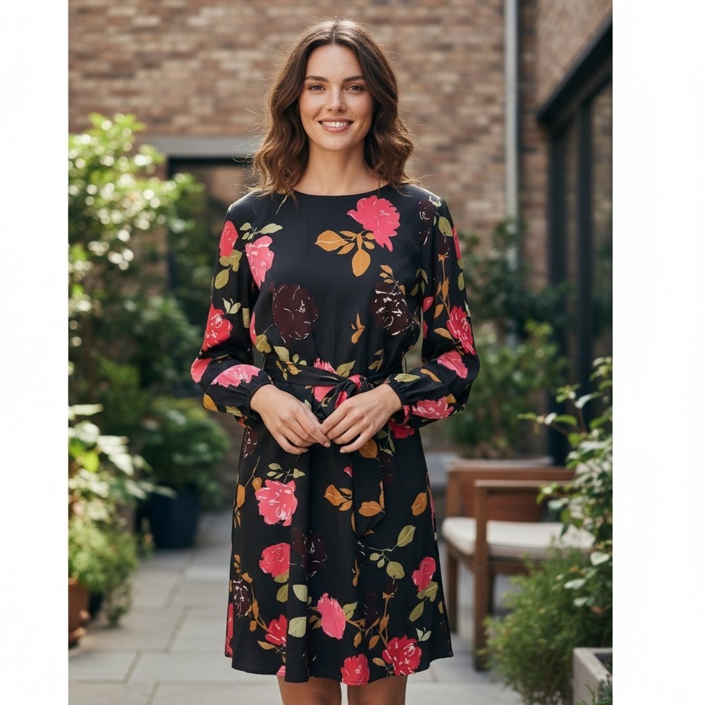 Eshakti Dress Women's 24W Floral Print Black Long Sleeve Knee Length Belted